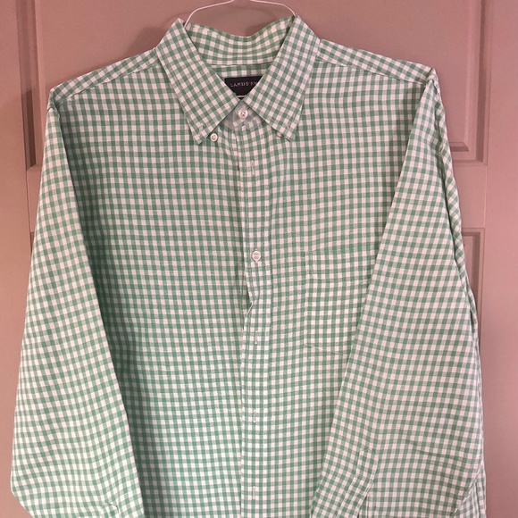 Lands' End Shirt Men's Size L / 16-16 1/2 Green & White Check  Linen / Cotton - Picture 3 of 6